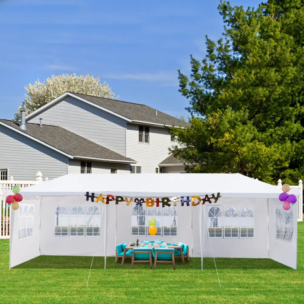 10x30ft 3x9m 5 Sidewalls Outdoor Party Tent Gazebo with Clear Windows Heavy Duty Iron Spiral Pipe Frame Waterproof PE Cloth Marquee Shelter for Wedding Camping Car Parking Backyard Events