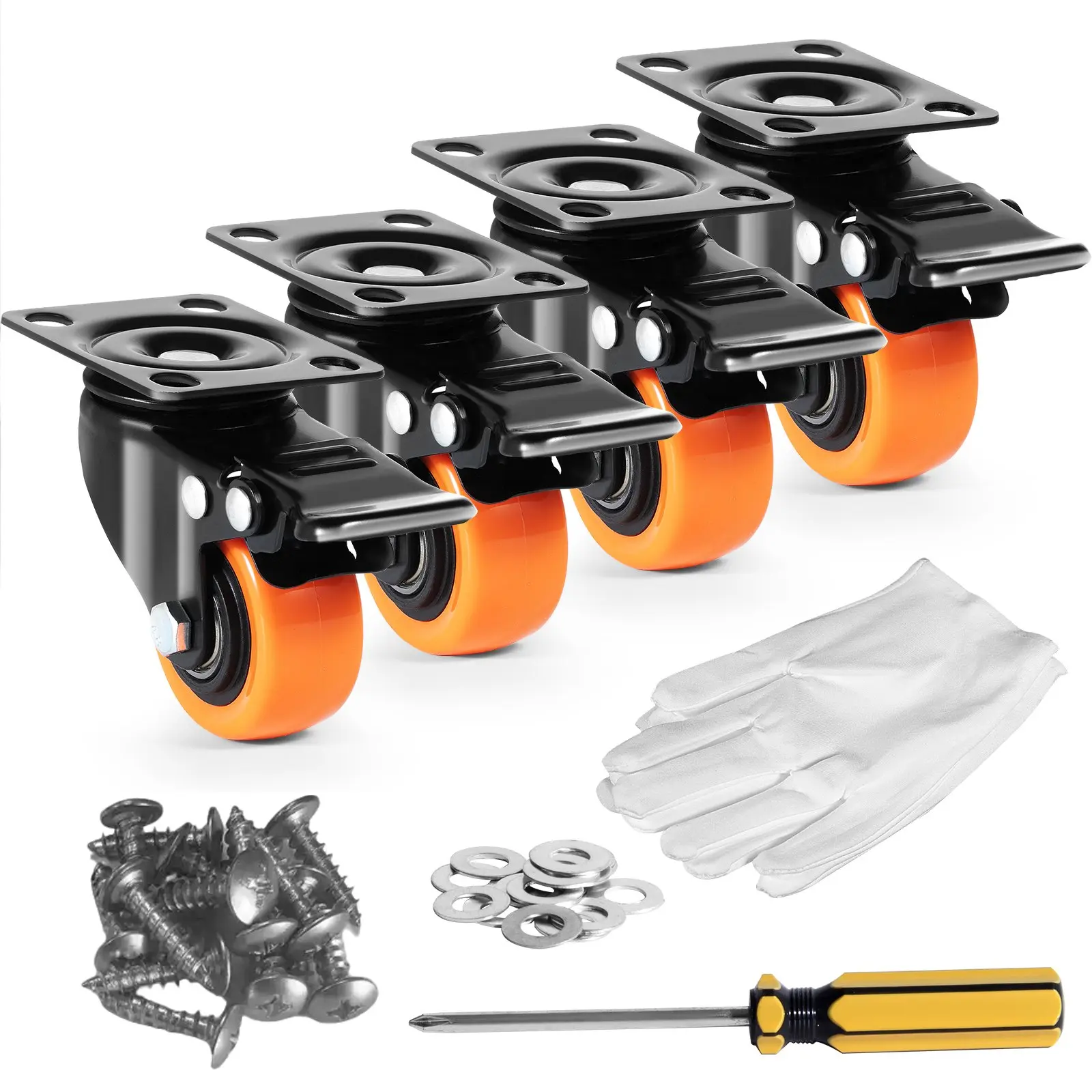 VEVOR Industrial 2-in-1 Swivel Plate Casters (Set of 4, CC-PBJL-2 Mount Kit), 150lb Load Capacity Per Caster, Lockable Wheels, Silent Dual Ball Bearings, Non-Marking PVC, Built-to-Last Steel Construction, for Factory Carts, Workbenches