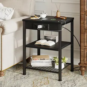 Side Table with Charging Station & USB Ports, 3-Tier End Table with Adjustable Shelf for Small Spaces, Nightstand for Living Room, Bedroom & Balcony