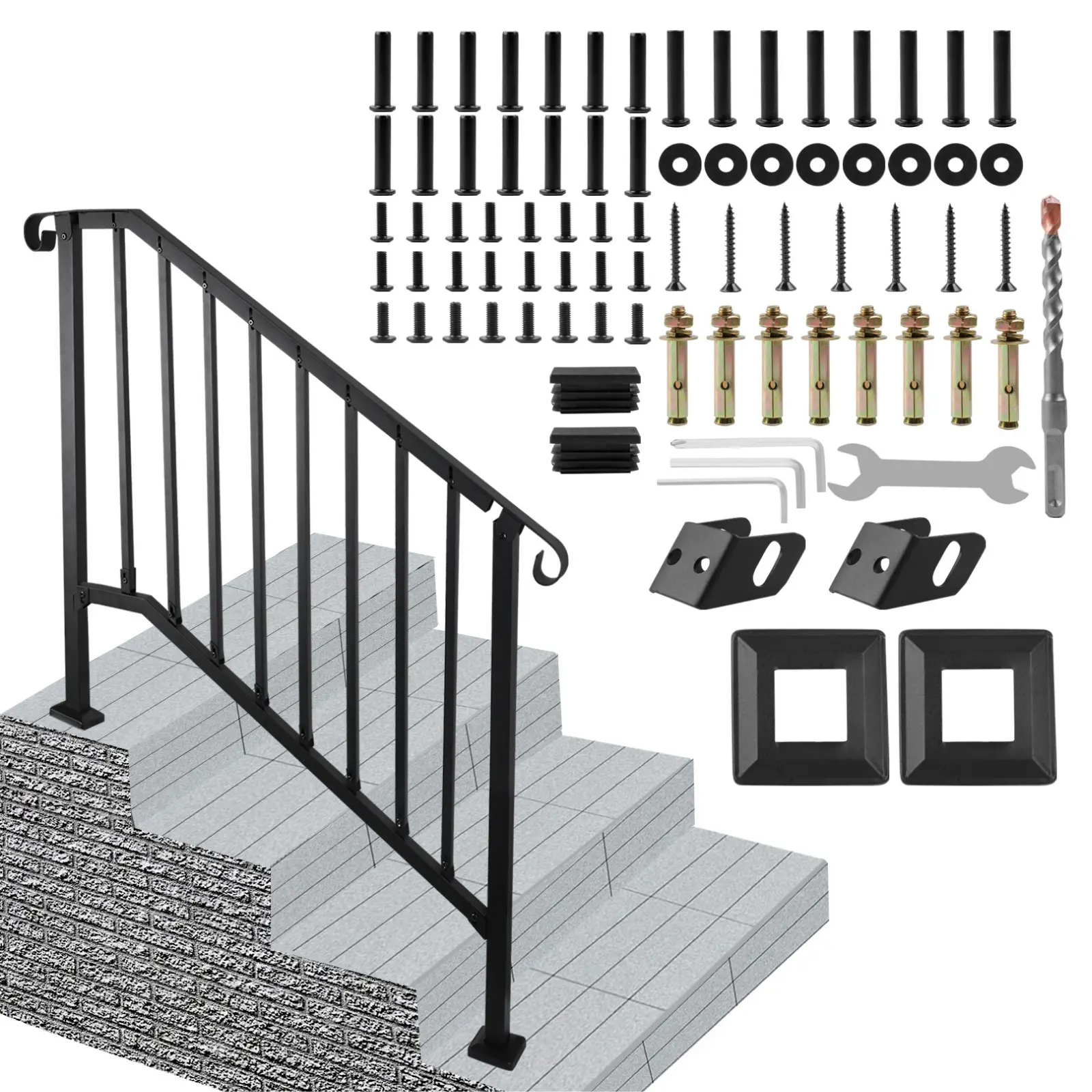 Handrails for Outdoor Steps, Black Wrought Iron Handrail Fits 3 or 4 Steps, Transitional Handrail with Installation Kit, Stair Railing for Concrete Steps or Wooden Stairs