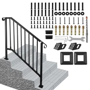 Handrails for Outdoor Steps, Black Wrought Iron Handrail Fits 3 or 4 Steps, Transitional Handrail with Installation Kit, Stair Railing for Concrete Steps or Wooden Stairs