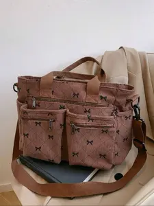 Fashionable simple versatile crossbody bag, bow pattern corduroy shoulder bag, cute commuter handbag, suitable for daily use and fashion style, office workers commuting, going out for travel and shopping, Crossbody Tote Bag