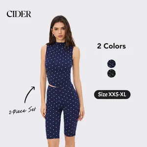 Cider Cotton-blend High Neck Polka Dot Asymmetrical Hem Top & Mid Rise Capri Pants Set