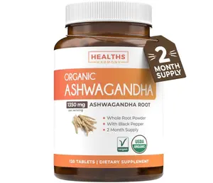 Healths Harmony USDA Organic Ashwagandha (120 Vegetarian Tablets) 1350mg Ashwaganda Root Powder Per Serve with Black Pepper - Natural Adrenal Support