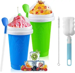 2PC Slushy Maker Cup 500ml,DIY Frozen Magic Slushy Cup,Double Layers Silica Smoothie Pinch Ice Cup,Quick Cooling Cup(Blue+Green)
