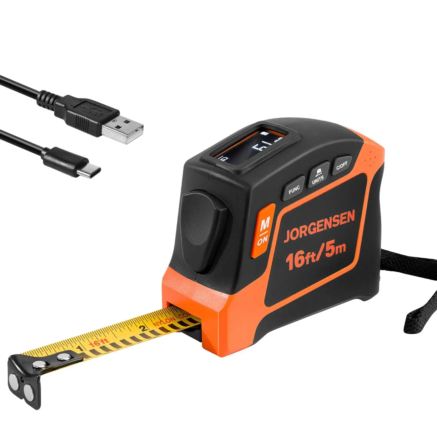 #BacktoSchool JORGENSEN Digital Tape Measure, 16Ft Rechargeable Digital Measuring Tape Ft/Ft+in/in/M/CM/MM Unit, Metric & Inches Tape Measurement Tool for Pythagorean, Area, Volume