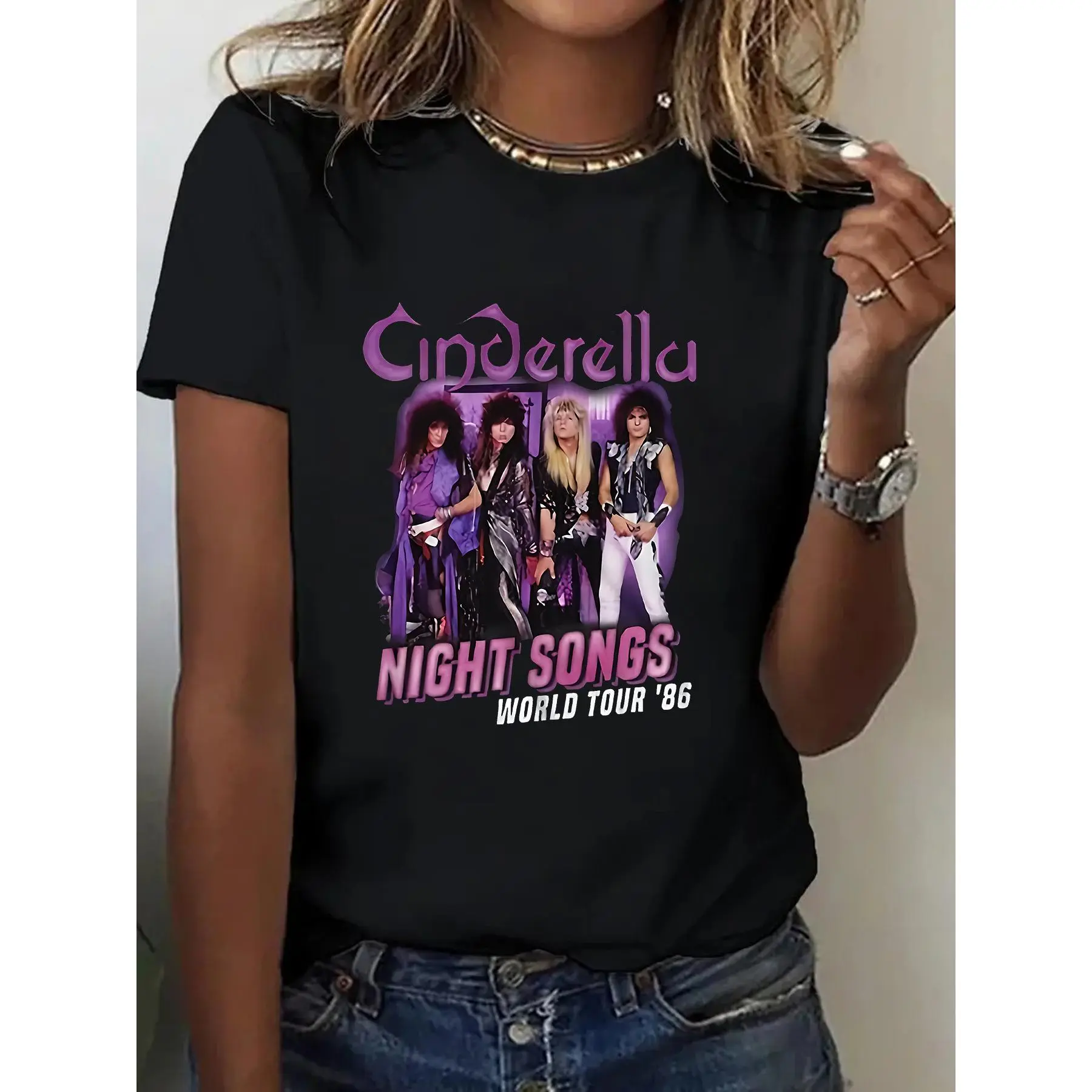 Cinderella Night Songs Graphic Tee - 100% Women's Casual T-Shirt, Rock Band Print, Round Neck, Short Sleeve, Perfect for Outdoor Activities & Holiday Gifts