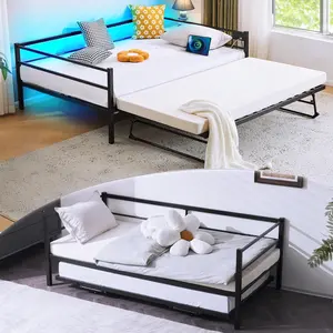 VINGLI Daybed with Trundle Bed Twin, Charging Station and LED Lights,Heavy Duty Metal Twin Daybed with Pop up Trundle for Living Room,Bedroom,Guest Room, No Box Spring Needed,Black