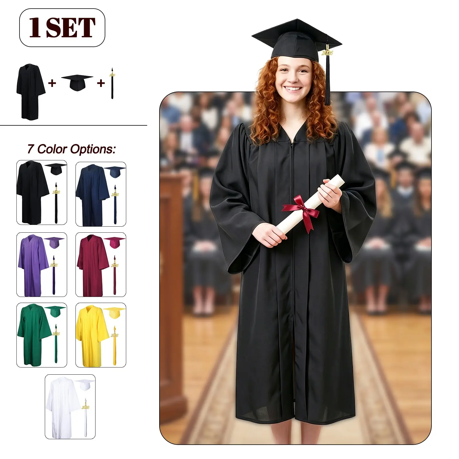 Graduation Gown Set for Men and Women, Unisex Tassel Bachelor Gown, High School/university Ceremony Dress, Religious Costume, Party Cosplay, Graduation Attire (7 Colors)