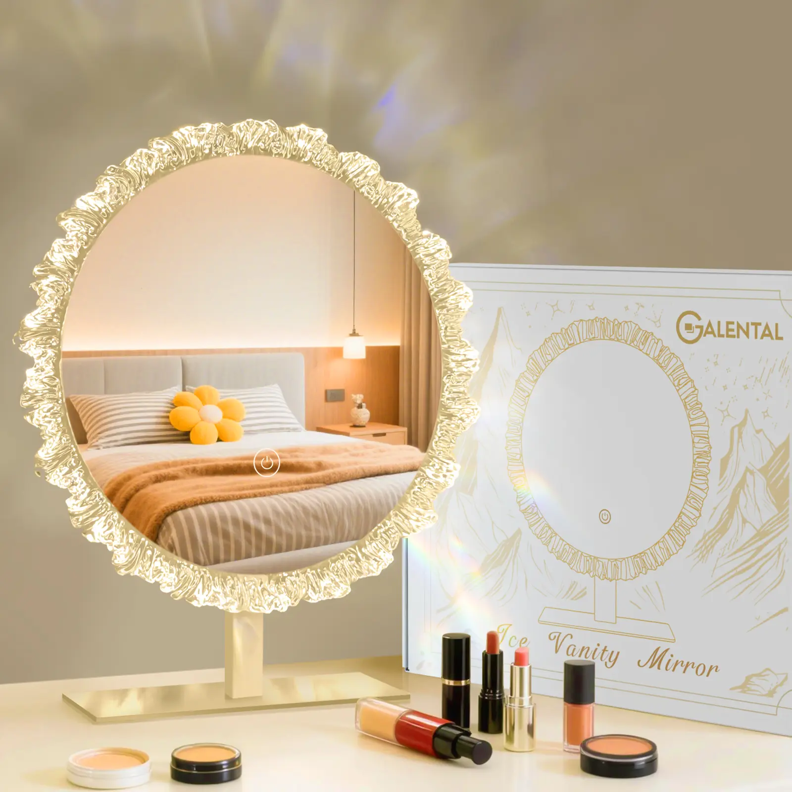 GALENTAL Iceberg Vanity Mirror with Light LED Makeup Mirror Dimmable 3 CCT Touch Screen Crystal Edge Desk Vanity Mirror for Bedroom Bathroom Living Room Gift Idea