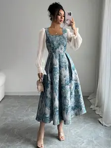 New Women's Floral Printed Long Sleeve Casual Patchwork Dress, Stylish Fashion for Daily Wear, Comfortable and Trendy Design