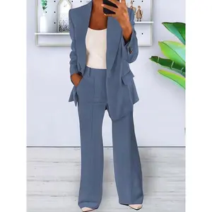 Two-PieceSetWomen'sSolidColorButtonFrontFlapDetailBlazer&PocketSuitPants,ElegantLapelNeckLongSleeveOuterwear&TrousersforWorkOfficeBusiness,LadiesSpring&FallClothes