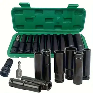 11pcs 1/2'' Drive Metric 6-Point Deep Well Cr-V Socket Wrench Set, 10mm-24mm Work Tools with Storage Box
