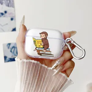 Monkey Book Lover Pattern TPU Soft Protective Case for Apple AirPods 4/3/2/1/Pro/Pro2 Transparent Earphone Cover with Keychain Attachment