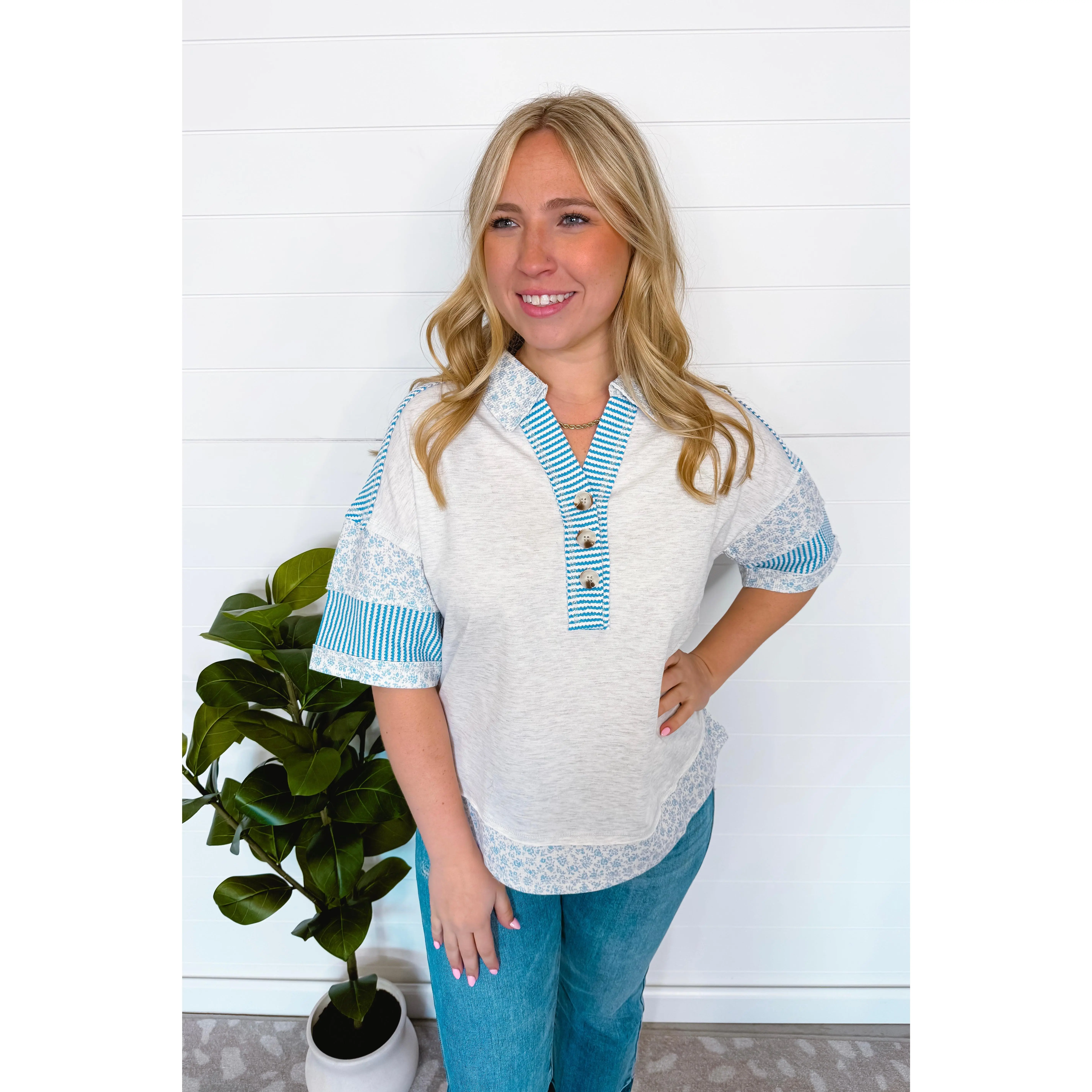 Blue Days Mixed Henley Top - Grey/Blue