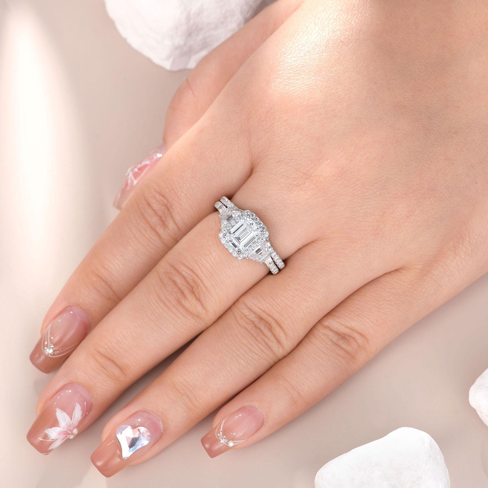 Newshe Wedding Rings for Her AAAAA Cubic Zircon Women's Bridal Sets 925 Sterling Silver Emerald Cut Engagement Ring Size 5-10