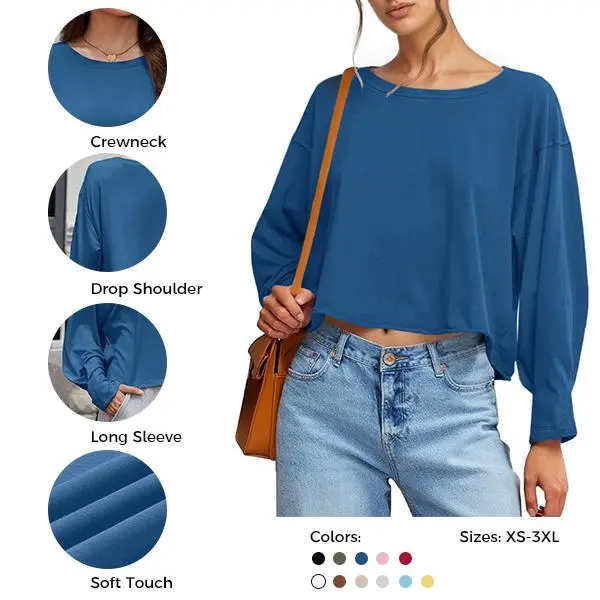 UNCLECAT Women's Longsleeve Oversized Crop Top - Casual Drop Shoulder Round Neck Basic Tee for Streetwear, Workout, Longsleeves, Lady, Tshirt, Baggy, Sporty Chic, Wardrobe Staples, Polyester Blend, Solid Plain, Loose, Crew Neck, Athletic, Fashion, 65% Pol