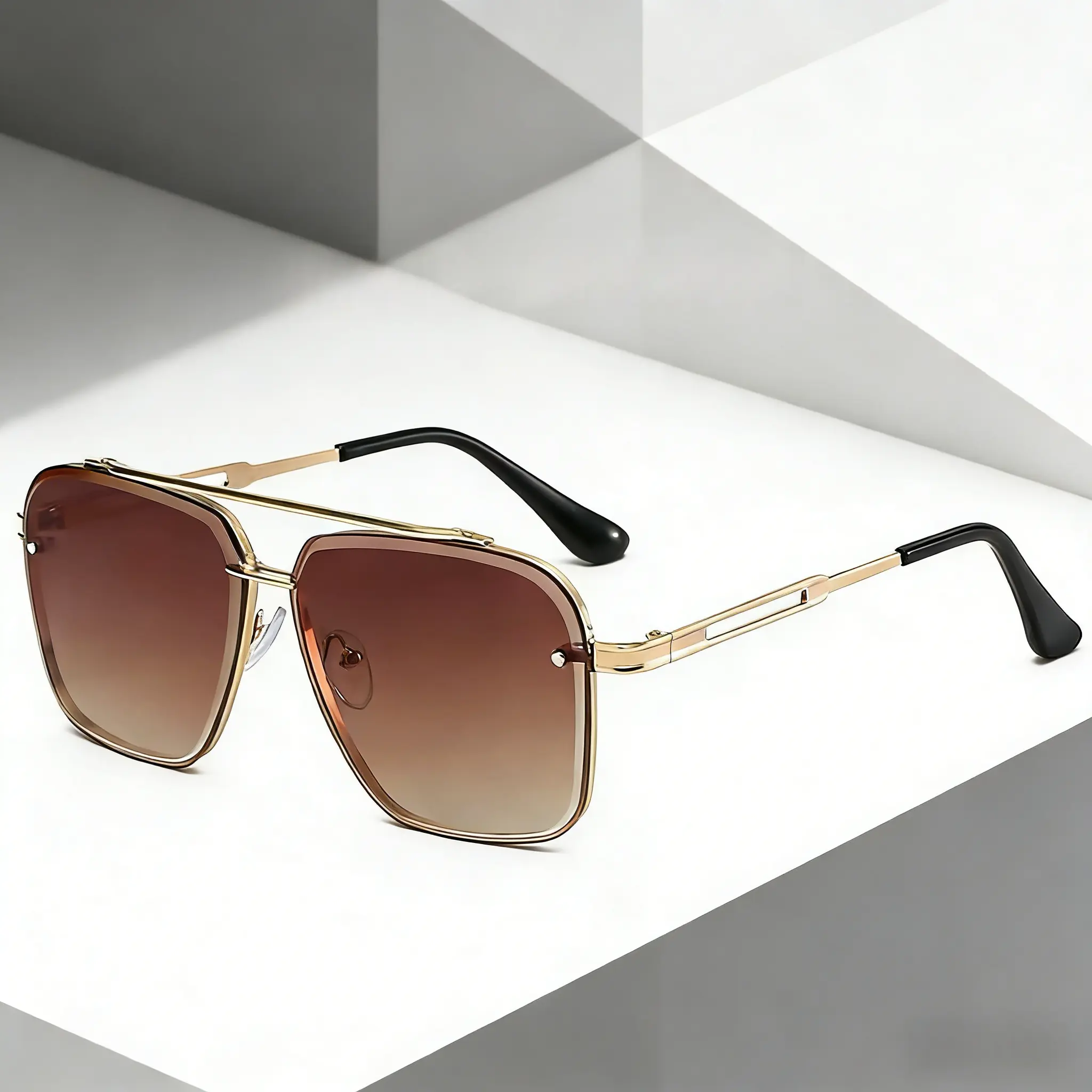 High Quality Trendy Casual Aviator Sunglasses, Smaller Size, Gold Frame, Brown Gradient Lenses, Tangle-Free, for Men and Women, High Quality Sunglasses