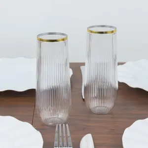 12 Pack 9oz Stemless Plastic Champagne Flutes – Clear with Gold Rim – Ribbed Reusable Lightweight Disposable Toasting Glasses