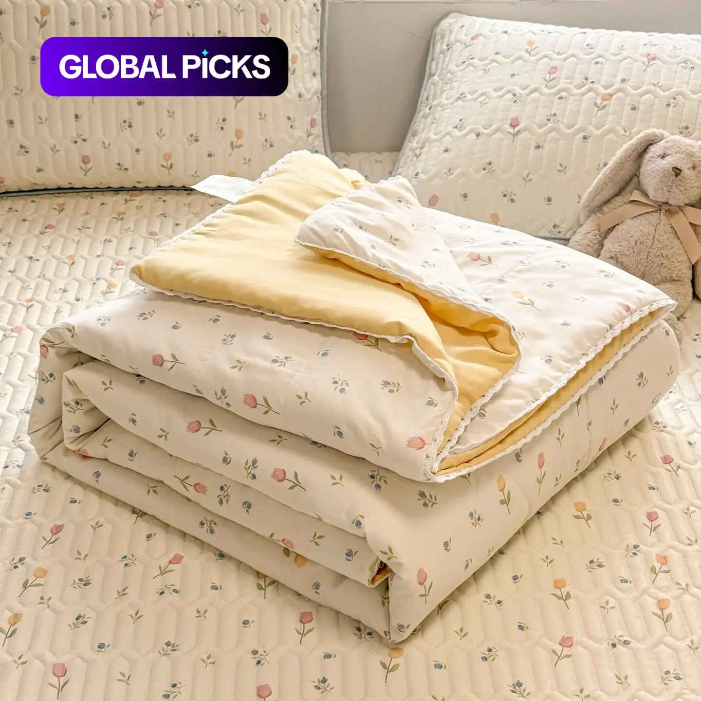 Lace-Trimmed Tulip Floral Summer Quilt, Soft Lightweight Breathable Blanket, Polyester Quilted Bedspreads, Floral Quilted Bedspread, Ideal for Bedroom, Office & Living Room, All-Season Home Use #GLOBAL PICKS