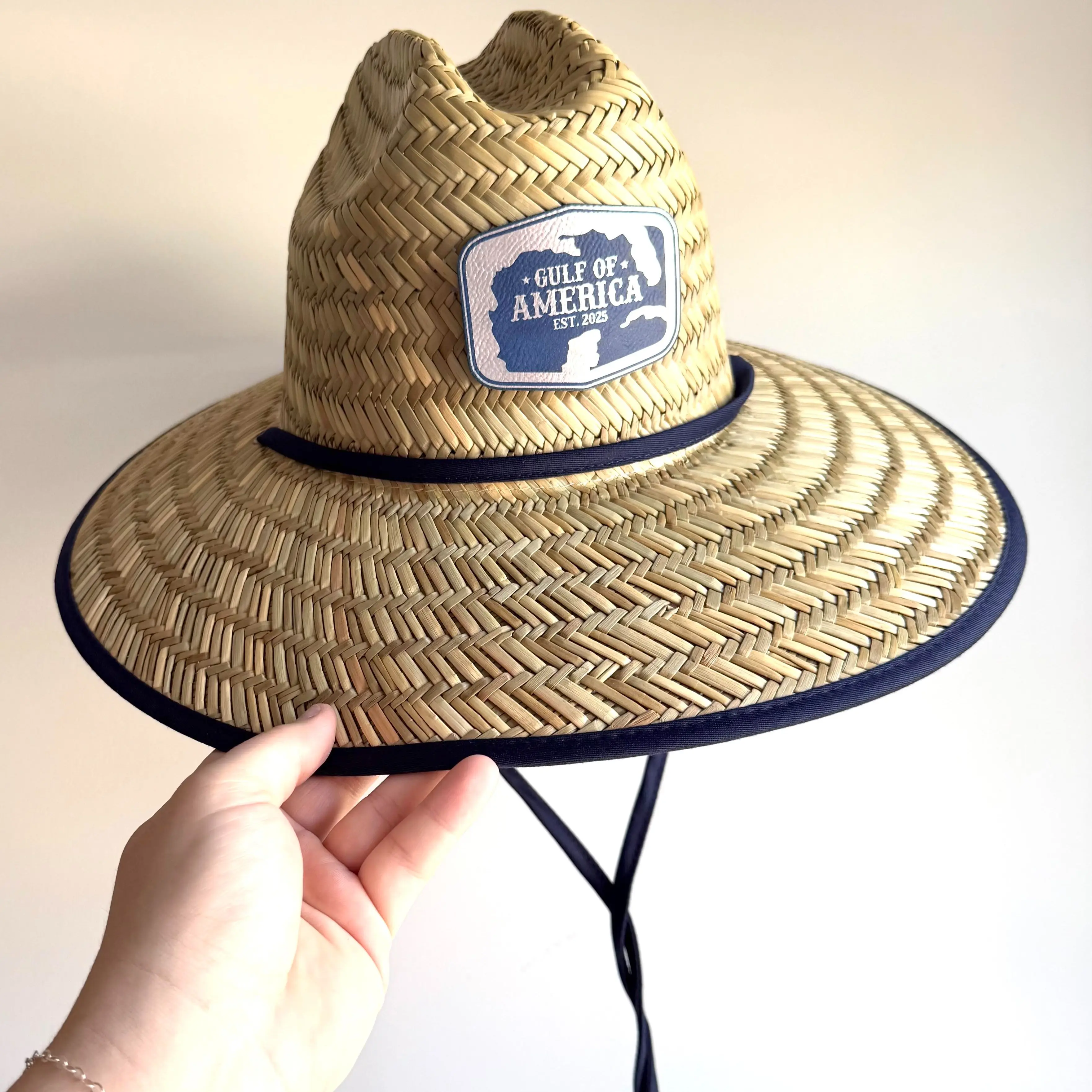Gulf Of America, Blue/Silver Leather Patch Straw Lifeguard Hat, American Flag Fabric Lined, Boating, Pool, Beach, Fishing