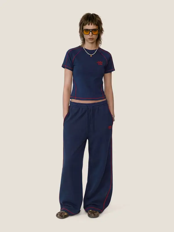 Aelfric Eden Contrast Stitch Embroidered Short Sleeve Set Tone-on-Tone Brand Embroidery Raglan Sleeve Fitted Tee Oversized Barrel Sweatpants Vintage Unisex Retro Sporty Set, 2 Piece Sets, Women's Clothes