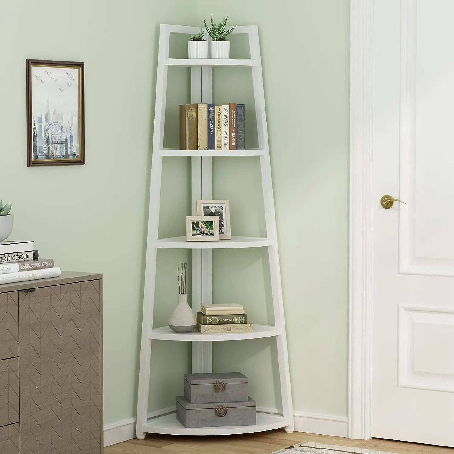Tribesigns 70 inch Tall Corner Shelf, Rustic Ladder Corner Bookshelf Bookcase Metal Organiser Racks Room Smooth