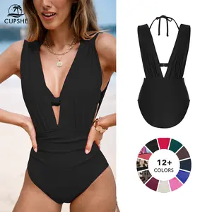 Women's Underwire Tummy Control One Piece Swimsuit Casual Beachwear Deep V Neck High Bust Support Summer Beach Trendy Swimwear Bathing Suits