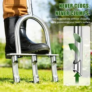 Lawn Aerator Tool with 3 Hollow Tines, Adjustable Height Stainless Steel Core Aerator, Heavy Duty Plug Aerator for Lawn Soil Compaction Relief, Yard Aeration Tool
