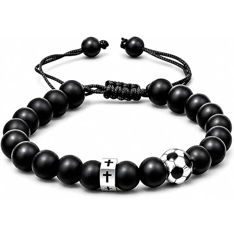 Soccer Cross Beaded Bracelet for Men Boys, Adjustable Black Obsidian & Nylon Cord Sports Football Bracelet, Christmas Birthday Jewelry Gifts for Son Grandson Players Team Fans Friends