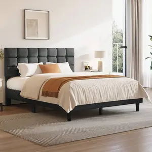 Upholstered Platform Bed Frame, Adjustable Tufted Headboard Linen Fabric Bed, 750‑800lbs Heavy Duty Capacity with 12 Wooden Slats, 6" Under‑Bed Storage Space, Full/Queen Size, Navy Blue/Dark Gray/Beige floor bed