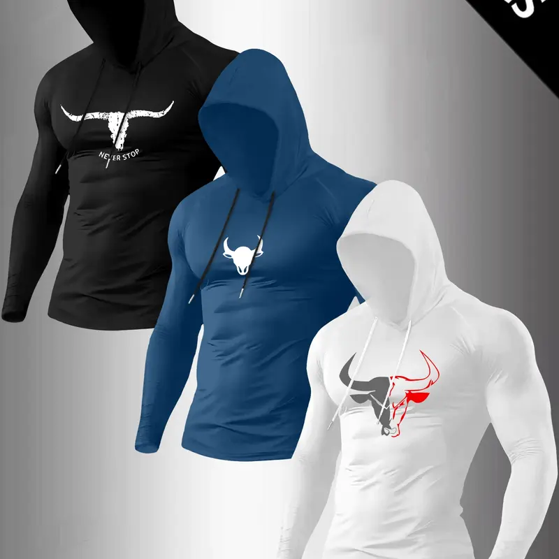 Men's Classic 3-Piece Set Letter Cow Print Bull Graphic Hooded Long Sleeve T-Shirt, Casual Athletic Streetwear Fitted Top for Fall & Winter Fitness Wear, Animal Pattern Sportswear
