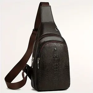 Men's Stylish Waterproof Sling Bag - Durable & Multi-Functional Crossbody Chest Pack with Adjustable Strap, Crocodile Texture Design for Casual Everyday Use - Black, Zipper Closure