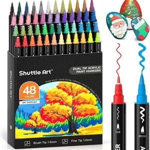 Shuttle Art 48/60 Colors Dual Tip Acrylic Paint Markers, Brush and Fine Tip for junk journal, Rock Painting, Ceramic, Wood, Canvas, Plastic, Glass, Stone, Calligraphy, Card Making, DIY Crafts,markers for coloring,dual tip marker set,student