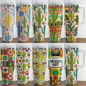 Mexican Cactus Tumbler 40oz with Handle, Vibrant Folk Art Inspired Colorful Design, Boho Style Gift Insulated Travel Mug