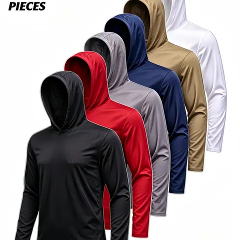 6Pcs Men's Quick-Dry Hooded Long Sleeve Athletic Hoodies - Ice Textured Breathable Moisture-Wicking Fabric, Sun-Wind Protection, 4-Season Comfort, Machine Washable, Regular Sports Fit - For Hiking, Going Out
