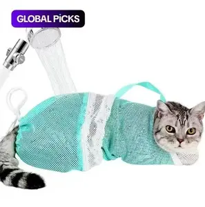 Cat Bathing Grooming Bag - Multifunctional Adjustable Breathable Restraint Shower Bag with Anti-Bite and Anti-Scratch Features in Green