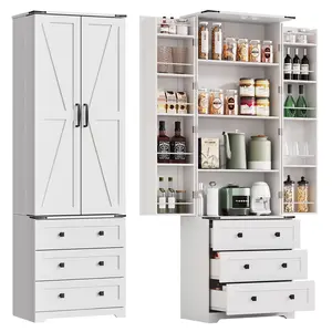 72" Tall Kitchen Pantry Cabinet with 3 Drawers&2 Barn Doors, Farmhouse  Storage Cabinet with Adjustable Shelves for Kitchen, Dining Room and Living Room