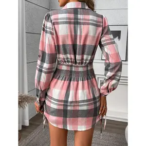 [Spring Freshness] Elegant Plaid Print Shirt Dress with Side Drawstring and Ruched Back, 100% Polyester, Machine Washable - Spring/Summer Collection, Everyday Elegant Attire |   Plaid Shirt Dress |   Polyester Fabric, Cute Dresses