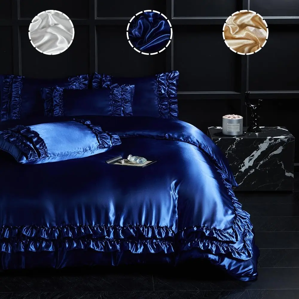 Luxurious Satin Princess Ruffle Bedding Set, Includes 1 Fitted Sheet and 1/2 Pillowcases, Polyester Fiber, Easy Wash, All Seasons, Modern Bedding Set, Ruffled Bedding Set