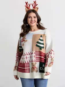 BloomChic Women's Ivory Flat Playful Holiday Jacquard Pullover Hoodie - Long-Sleeve, Round Neck, Drop Shoulder, Christmas Print, Loose-Fit, Non-Stretch Fabric Lady Garment Sweatshirt Top Womenswear Tops Swimweek