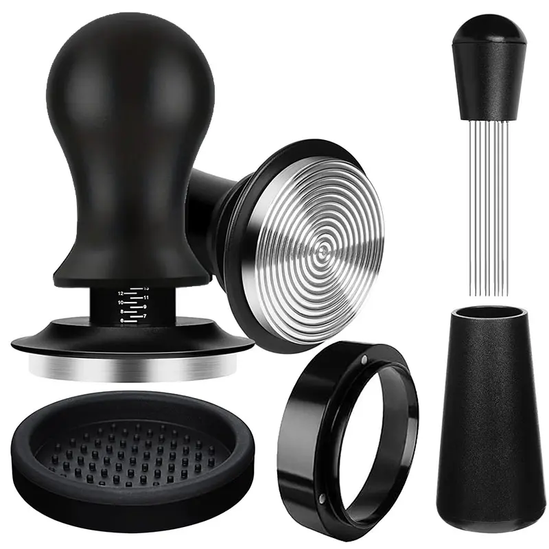 51/53/58mm Espresso Coffee Tamper Press Kit with 4 Accessories, Coffee Making Tool, Coffee Equipment, Coffee Tools, Aluminum Handle Stainless Steel Base and Ajustable Spring Pressure, Perfect for Home Brewing and Coffee Lover