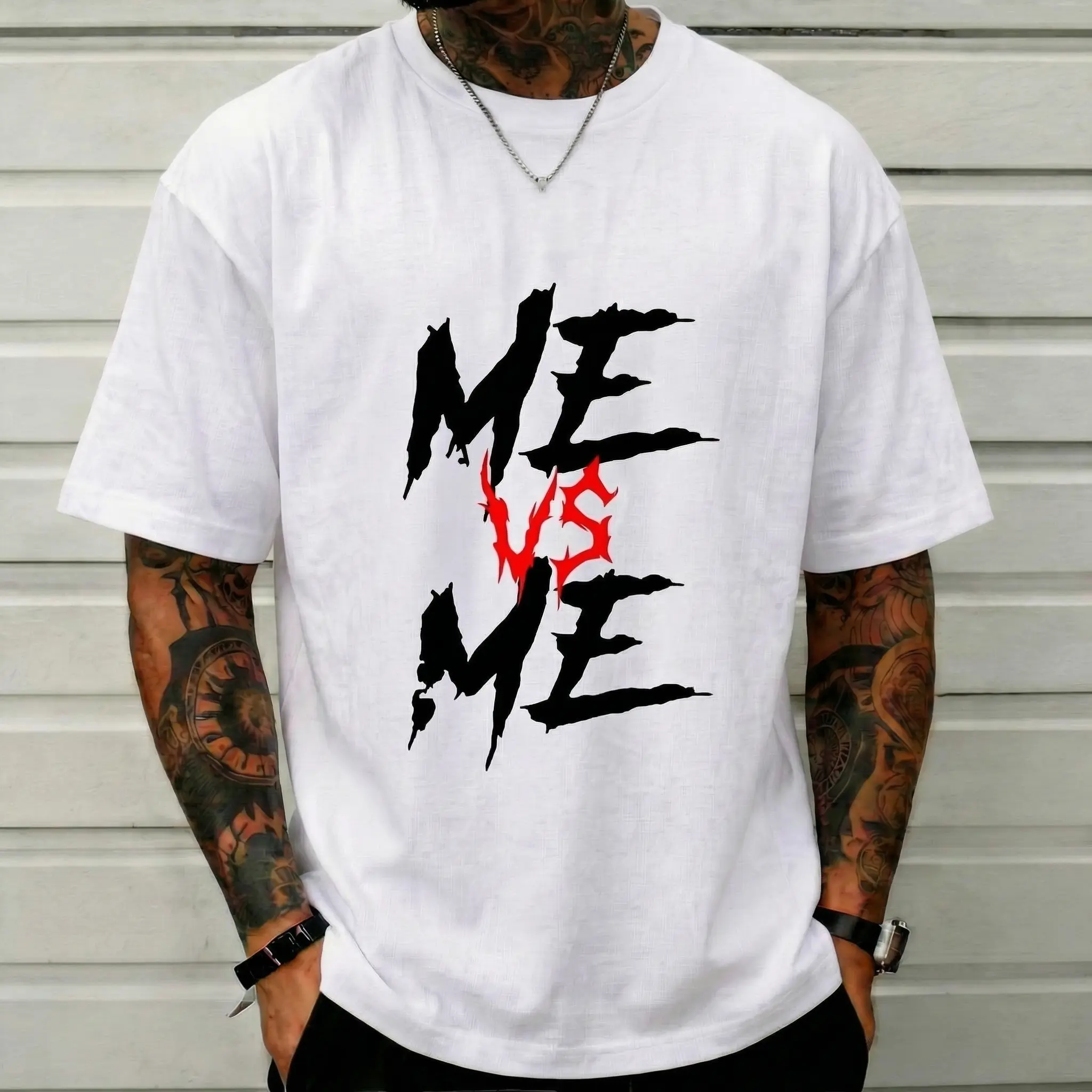 Men's Oversized Graphic T-Shirt, "Me Vs Me" Motivational Print Cotton Top, Grunge Short Sleeve Round Neck Gym Workout Pump Cover