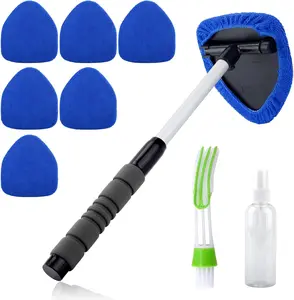 4PCS Windshield Cleaner Tool Kit,Car Window Cleaner with Extendable Handle&6 Reusable Microfiber Pads,Car Interior&Exterior Window Cleaning Tool,Glass Wiper Brush Kit for Car Home