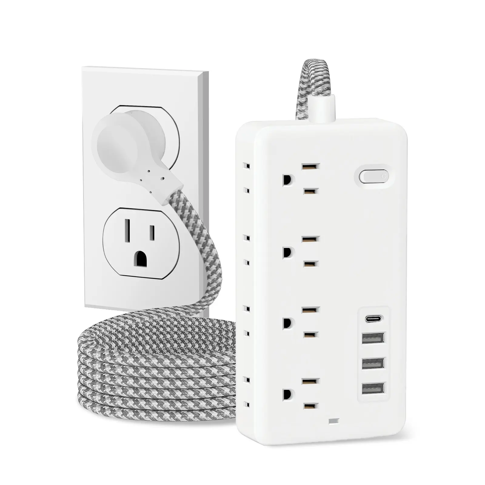 Extension Cord 5FT, Surge Protector Power Strip with 8 Widely Outlets 4 USB Ports, Flat Plug, Wall Mount Outlet Extender, Multiple Outlets for Indoor Home Office, Dorm Room Essentials