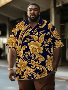Men's Navy Gold Floral Shirt, Vintage European Scroll Large Size, Summer Breathable Comfort Casual Wear, Loose-Fitting All over Print Shirt
