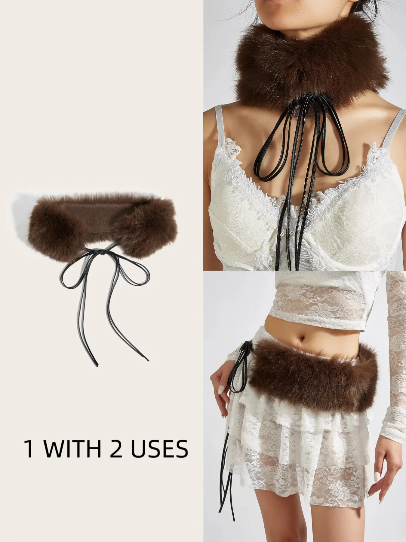 Vintage Elegant Faux Fur Belt for Women, Coffee Color Rabbit Fur Wrap & Waist Tie, Versatile Accessory for Winter Parties, Boho Style Belt, Fashion Belt, Belts for Dresses