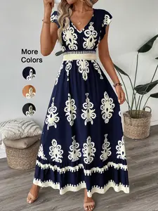 Women's V Neck Ruffle Hem A-Line Dress, Elegant All over Print, Elastic Waist, Moderate Fabric, Casual Vacation Wear