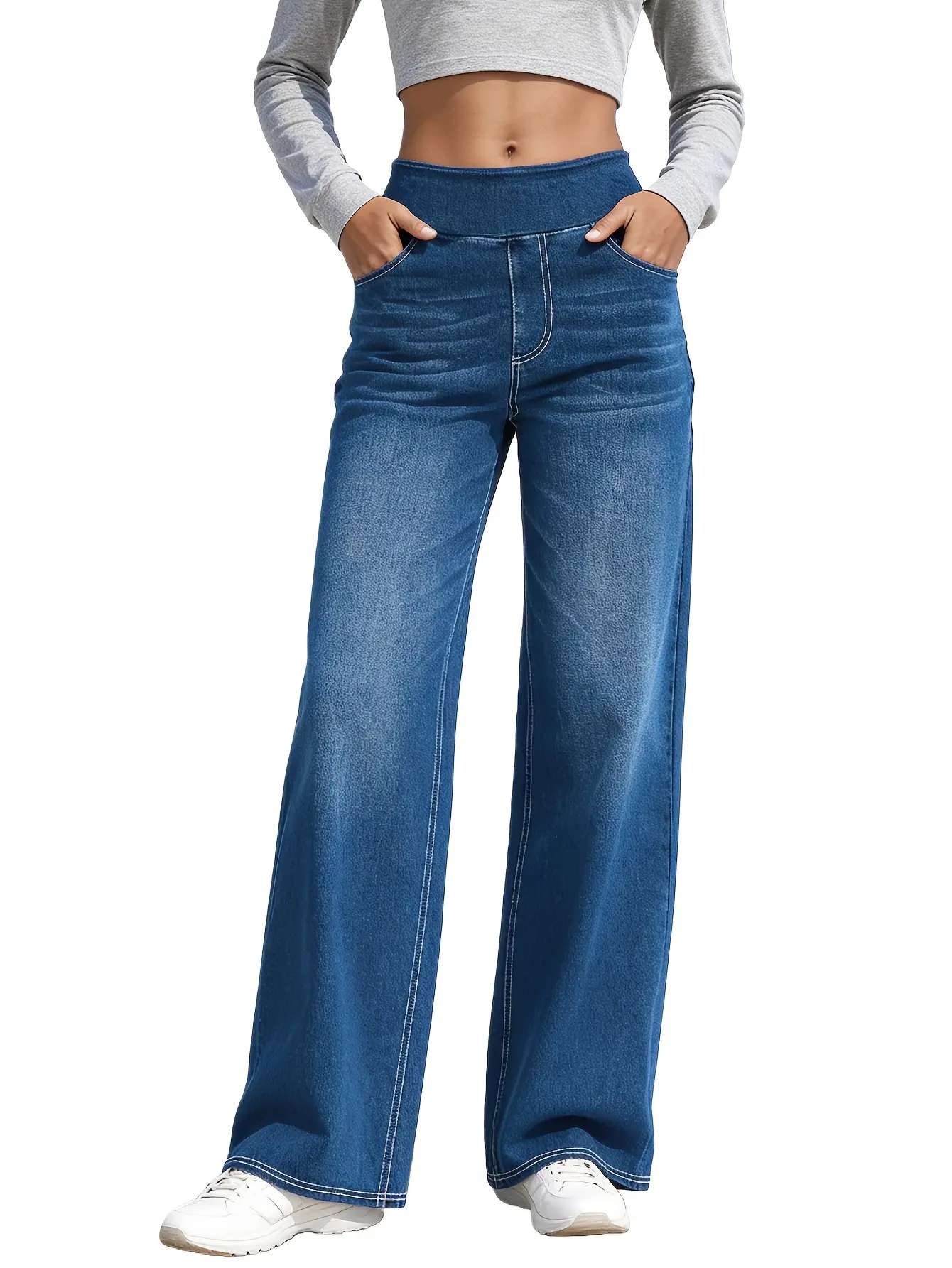 Women High Waist Elastic Stretch Waist Wide Leg Jeans, Loose Straight Pants With Pockets, All Season Daily Casual Trousers Bottoms Womenswear Wideleg Jeans Stretch Denim Bottoms
