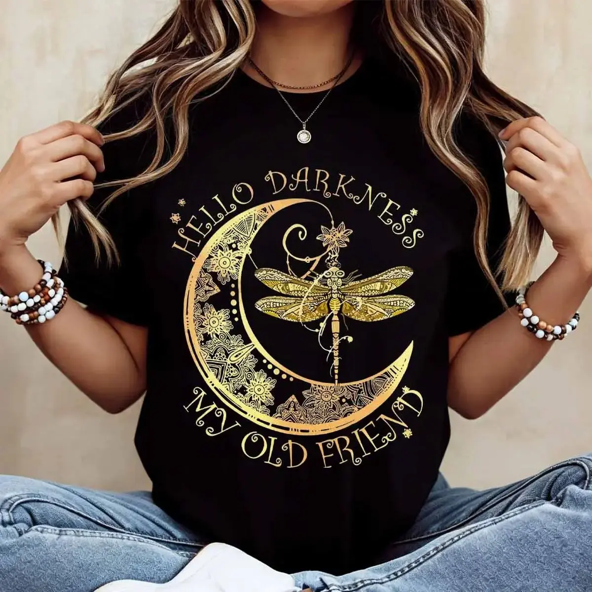 Women's Fashion Short-Sleeve Cotton T-Shirt - Unisex Style, Moon and Dragonfly Graphic Print, Round Neck, Casual Top for Everyday & Leisure Wear, Shortsleeve, Tshirt, Comfortable, Jeans, Loose, Foldable